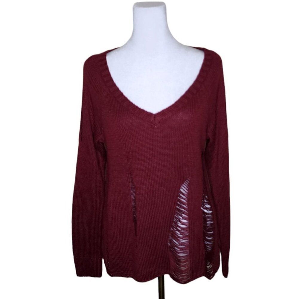 NEW Guess Distressed Open Knit Sweater Womens Size M Maroon Red